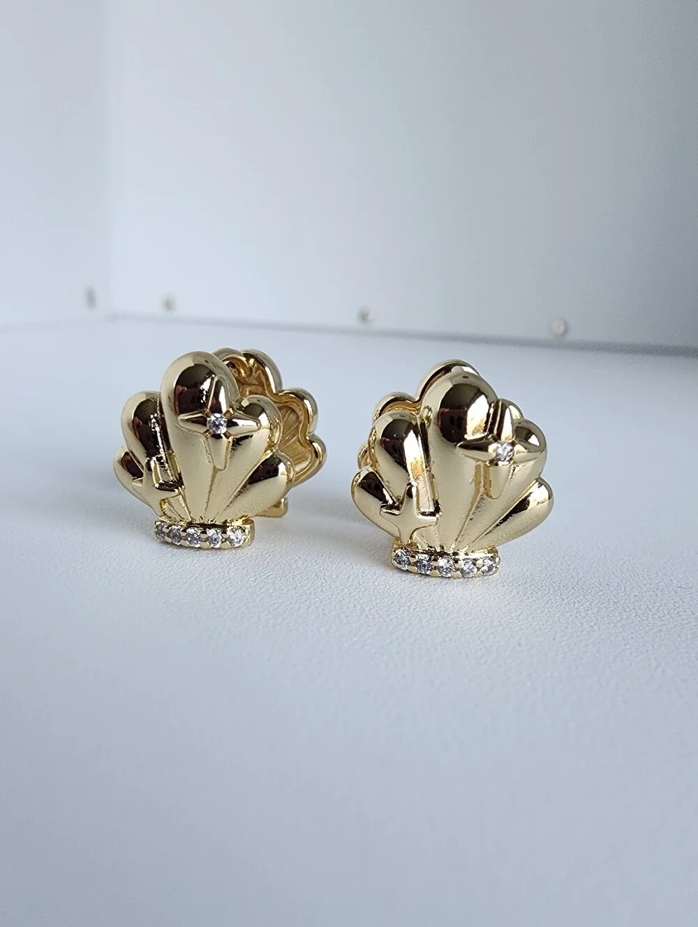 Gold Plated Seashell Stud Earrings CZ Crystal Shell Coastal Jewelry